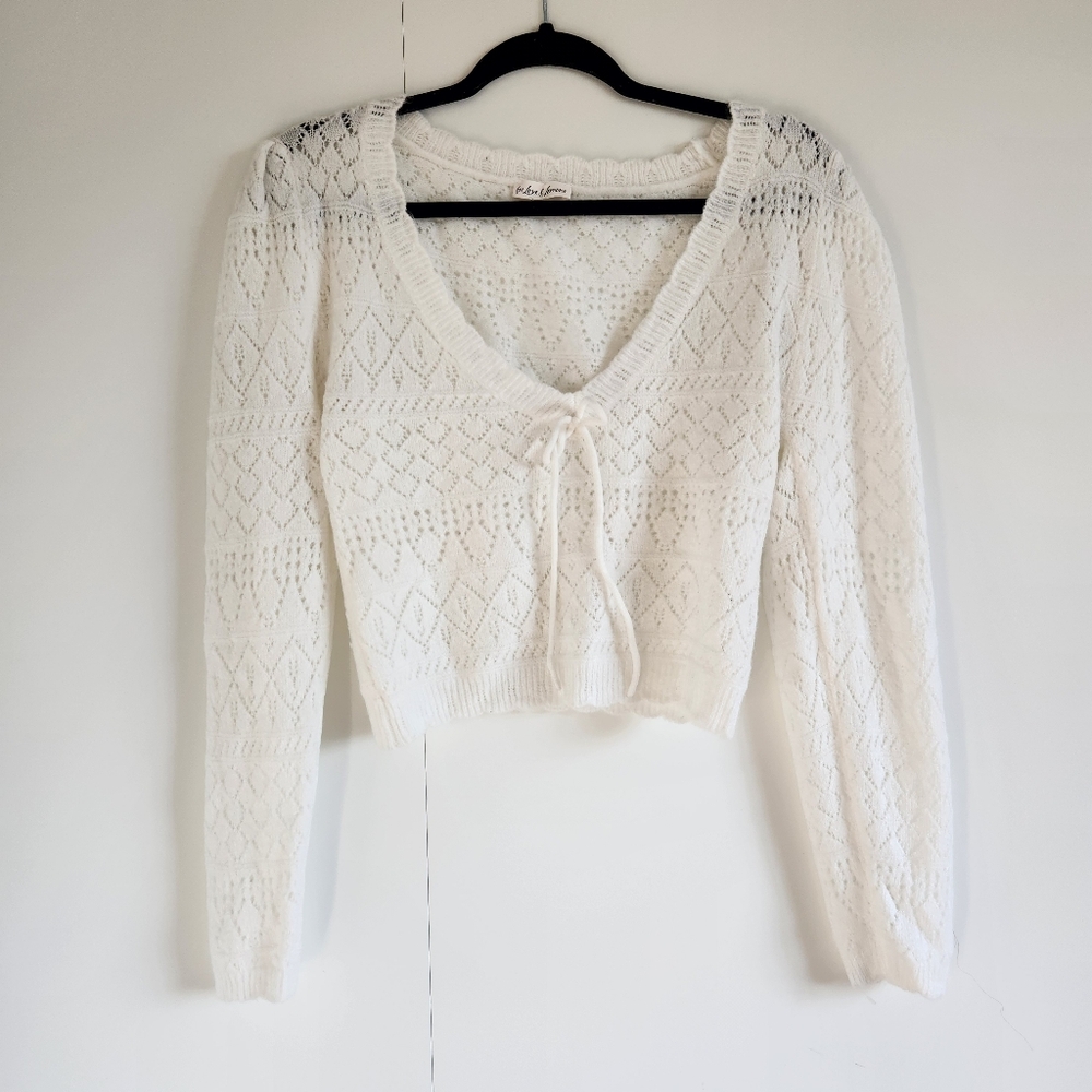 For Love & Lemons Blanca Pointelle Tie Front Crop Sweater Ivory S